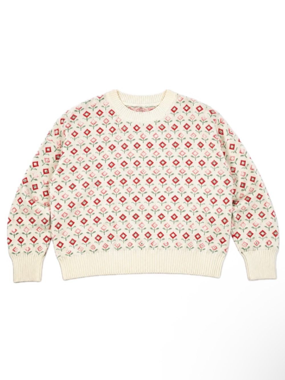 Shein Women's Floral Crewneck Sweater - White with Pink & Red Flowers Large